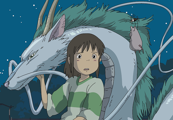 dessin sur le thème du Voyage de Chihiro. Représente une petite fille appelée Chihiro avec un grand dragon gris/bleu dans le fond.