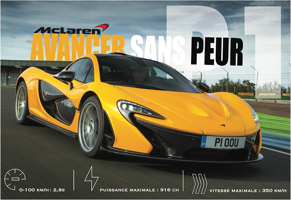 Création d'une pub fictive pour la marque McLarren, représentant une voiture appelée P1 avec un texte en fond où il est écrit "Avancer sans peur" dans les couleurs de la voiture jaune, blanc et noir.