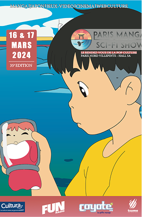 Affiche Ponyo sur la falaise. Avec Sosuke à droite de l'image et Ponyo étant petite dans un bocal vide.